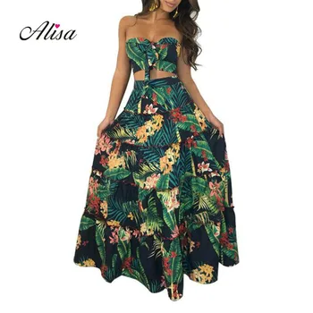 

Womens Suits 2019 New Vintage Bow-Tie Strapless+Petal Patchwork Long Skirts Females Floral Printed Beach Wear Sexy 2 Piece Suits