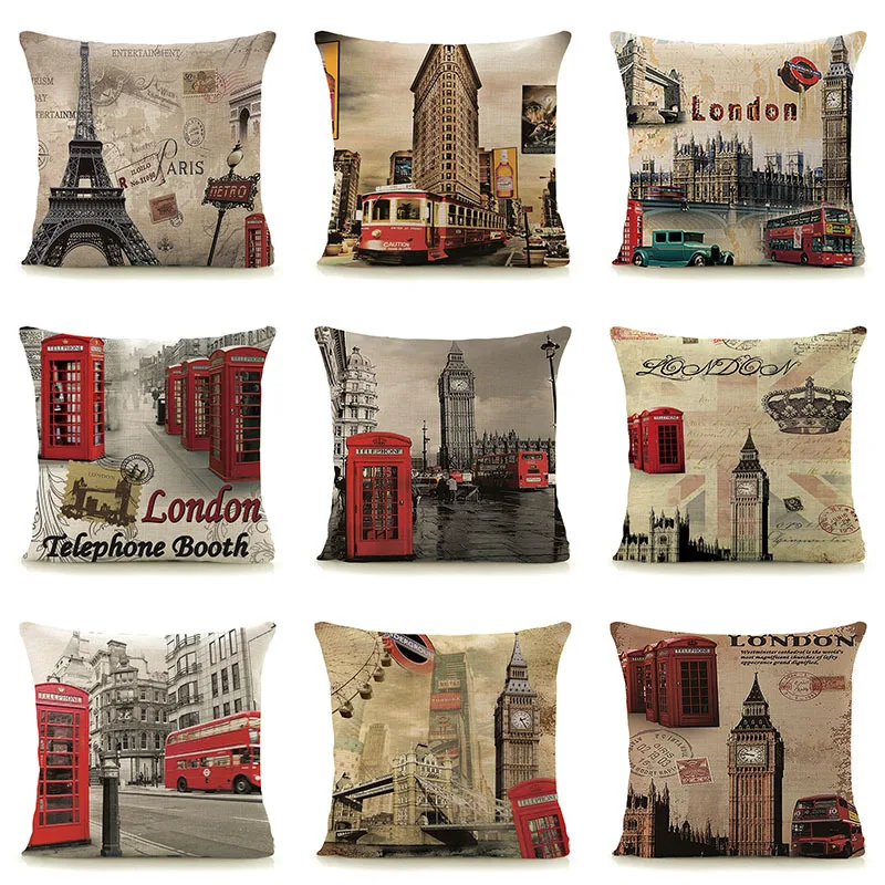 

Vintage England cushion cover home decorative pillows linen pillowcase Euro Retro style 45x45cm 18" square pillow London scenic