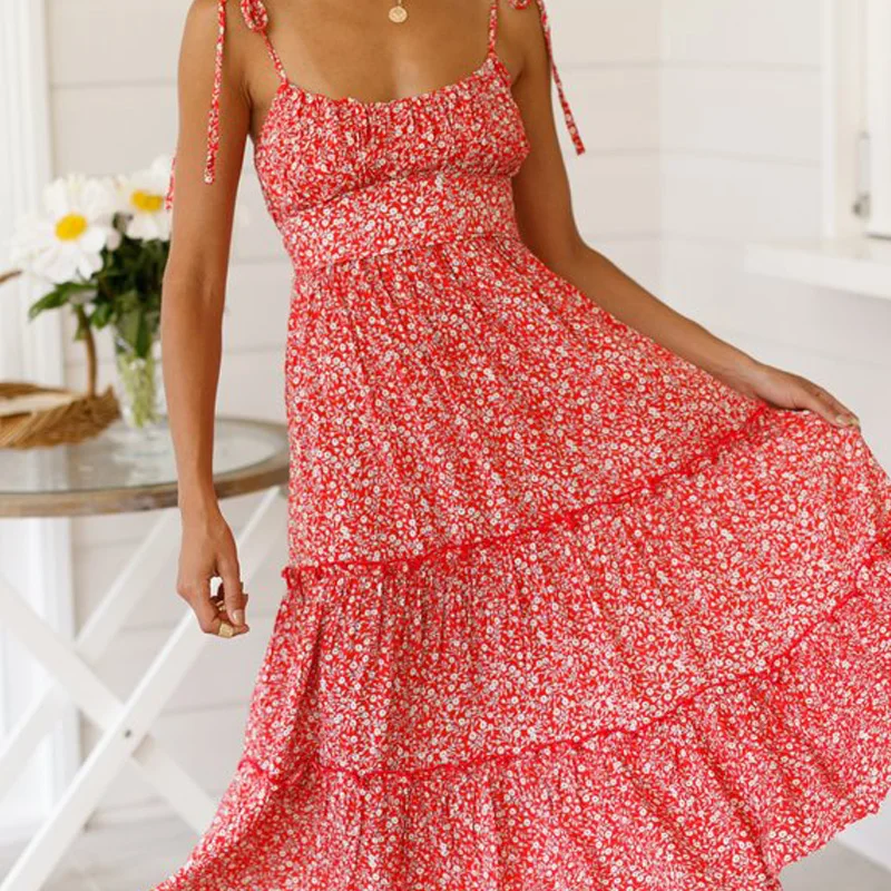 

Summer women's dress casual flower print ruffled decorative halter strap dress