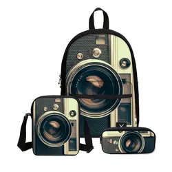 3 шт./компл. Портфолио для школы, сумки для мальчиков и девочек, старинная камера, 3D холщовые рюкзаки с рисунком, детские сумки для книг