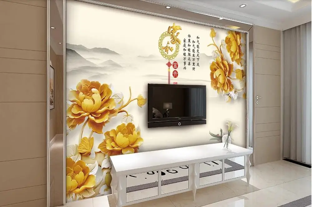 

Factory direct private custom ink wood carving Peony TV sofa living room bedroom background wallpaper mural