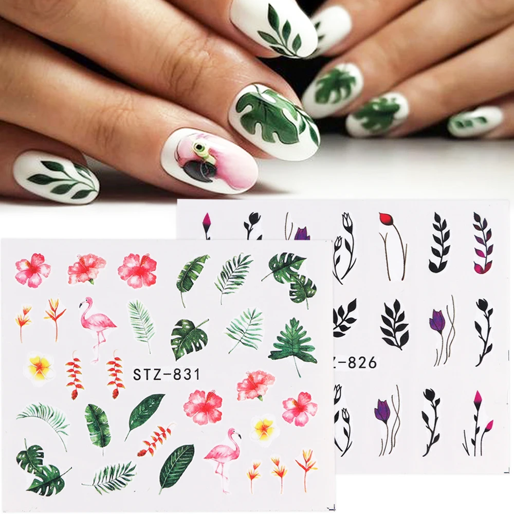 

1pcs New Nail Stickers Green Leaf Flamingo Flowers Feather Water Decals Nail Art Decorations Wraps Sliders Manicure TRSTZ824-844
