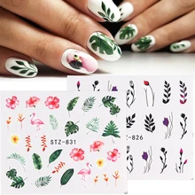 1 pièces nouveaux autocollants pour ongles feuille verte flamant rose fleurs plume eau décalcomanies Nail Art décorations enveloppes curseurs manucure TRSTZ824-844(China)