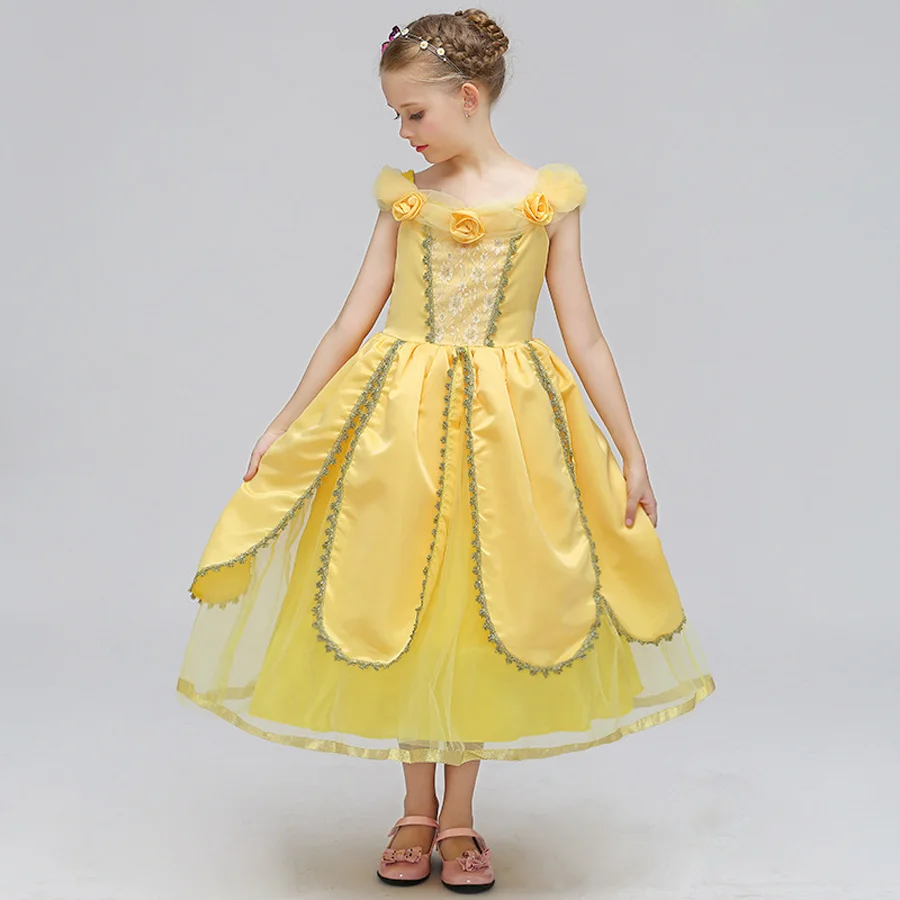 Cartoon Girls Belle Dress Kids Yellow Fancy Dress for Cosplay Costume Beauty Beast Ball Gown Kids Carnival Halloween Dresses (1)
