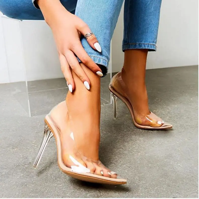 

Hot 2019 New PVC Women Sandals Sexy Clear High Thin Heels Party Wedding Sandals Summer Fashion Jelly Shoes 35-42 Plus Size XL378