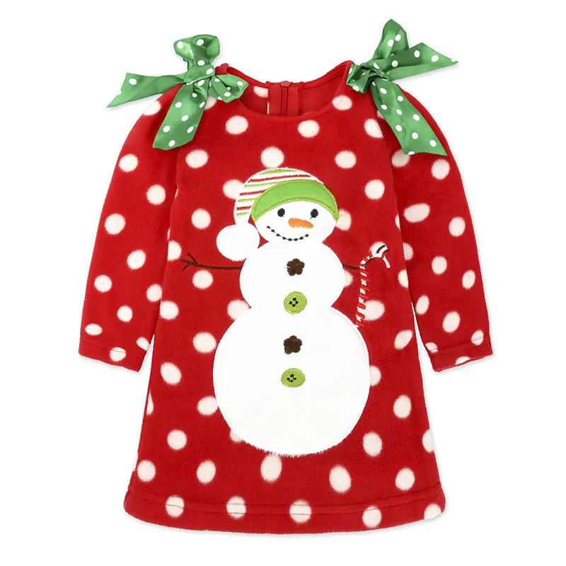 

New Years Kids Girls Clothing Dresses Novelty Shoulder Bowknot Round Dot Christmas Snowman Long Sleeve Dress Child Clothes Dress