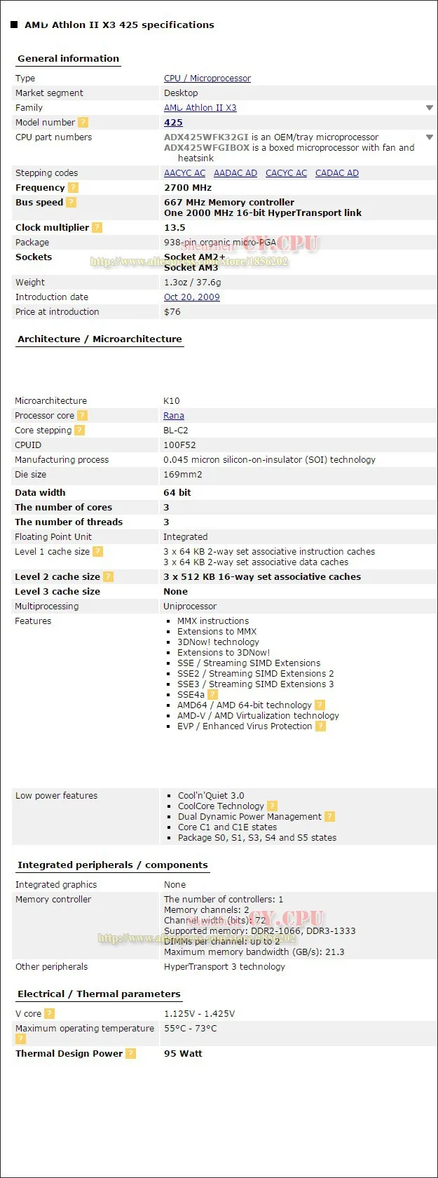 Процессор AMD Athlon II X3 425 процессор трехъядерный(2,7 ГГц/L2 = 2 м/95 Вт/2000 ГГц) разъем am3 am2+ 938 pin X3 435