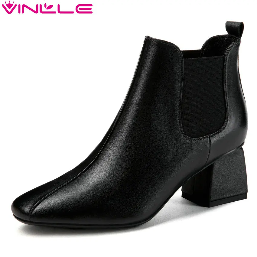 

VINLLE 2019 Women Ankle Boots Cow Leather+PU All Match Elegant Women Boots Black Beige Winter Boots Women Shoes Size 34-39