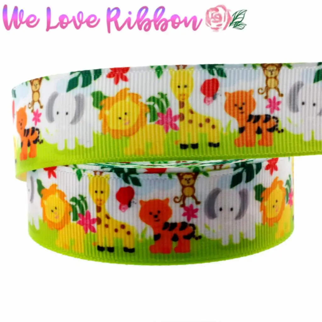 7/8&quot22mm Cartoon Series Lion Elephant Printed Grosgrain Ribbon Tiger Giraffe Hair Band Making 10yards/roll MD180911-25-16736 | Дом и сад