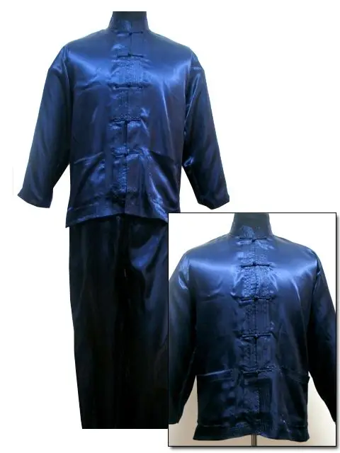 Черная традиционная китайская мужская атласная Униформа Wu Shu, рубашка с длинными рукавами и штаны, костюм кунг-фу Тай Чи, Размеры s m l xl XXL MS001 - Цвет: Navy Blule