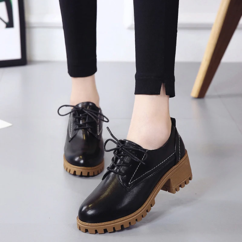 New Fashion Autumn Casual Shoes Woman Oxfords Pu Leather Lace Up Women Shoes Female Plus Size High Heels Platform Ladies Shoes