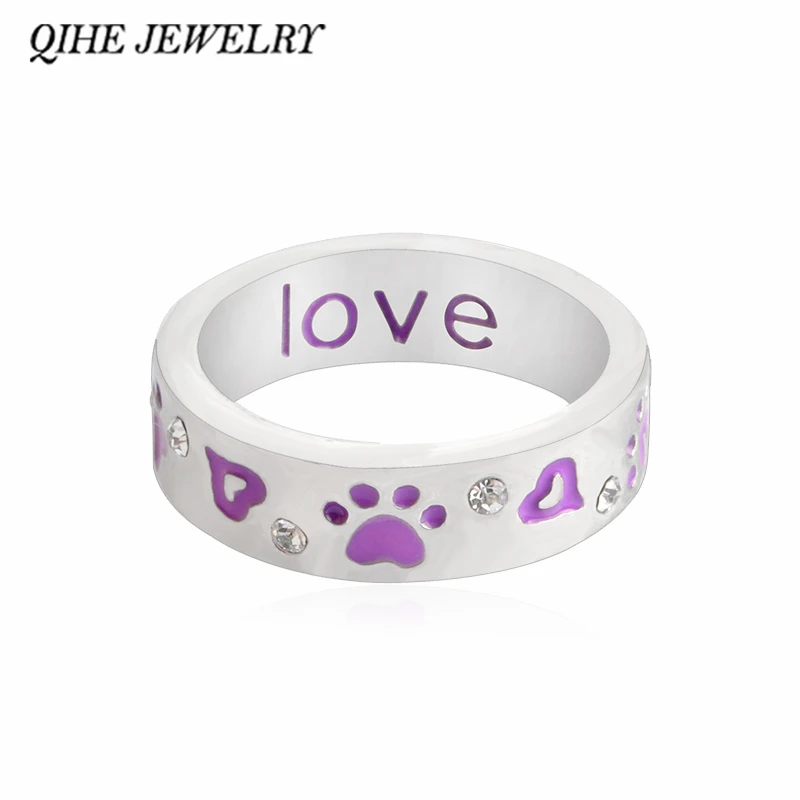 

QIHE JEWELRY Purple Paw & Crystal "Unconditional love" Ring Cuff Band Ring Foot prints Jewelry Dog Cat Lover Gifts Christmas Day