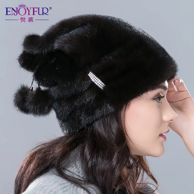 Cheap Winter women fur hats genuine mink fur hat with fur pom pom and diamond accessories  fashion good quality women brand beanie