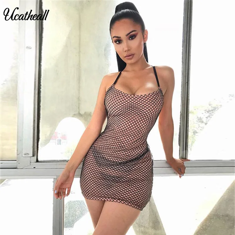 

Black Mesh Dress Ucatheall Back Zipper Summer New Fashion Strap Backless Dress Women Fold V-neck Sleeveless Pencil Dress