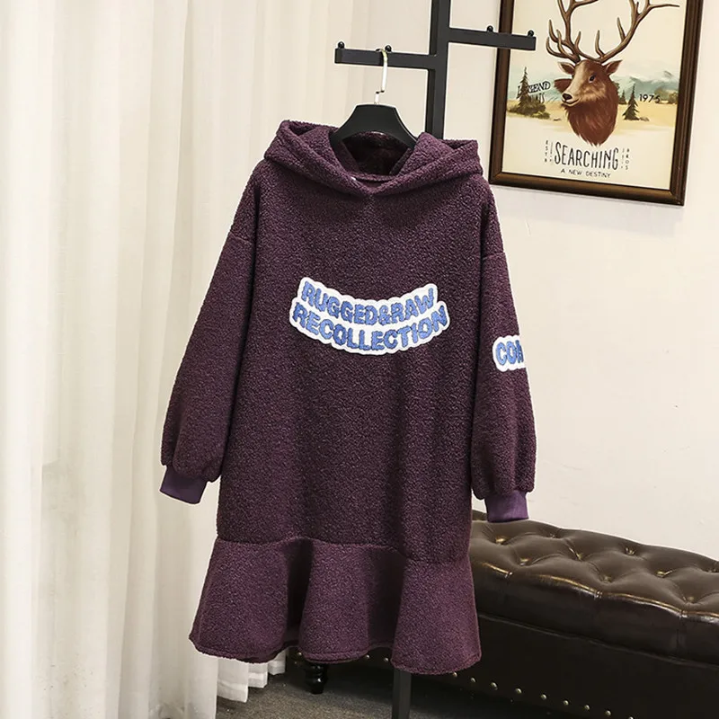 

Autumn And Winter Was Thin Korean Style Women Hooded Dress 2018 Plus Size Loose Letter Print Thick Velvet Long Hoodies Pullovers