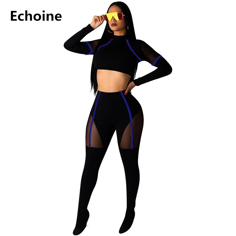 

Women 2 Piece Set Sheer Mesh Patchwork Crop Top and Pants Side Striped Print Pants Set Sexy Club Outfit Elegant Party Suit