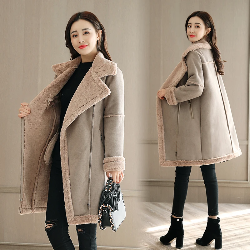 MUMUZI 2018 new windproof thermal coat faux fur long coat women high street thermal suede coat with pockets sheepskin jackets