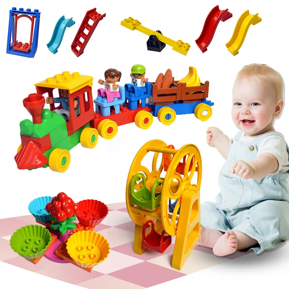 

Amusement Train Park Big Building Blocks Compatible with Duploe Ferris Wheel Slide Assemble Brick Pipeline Slide Swing Seesaw