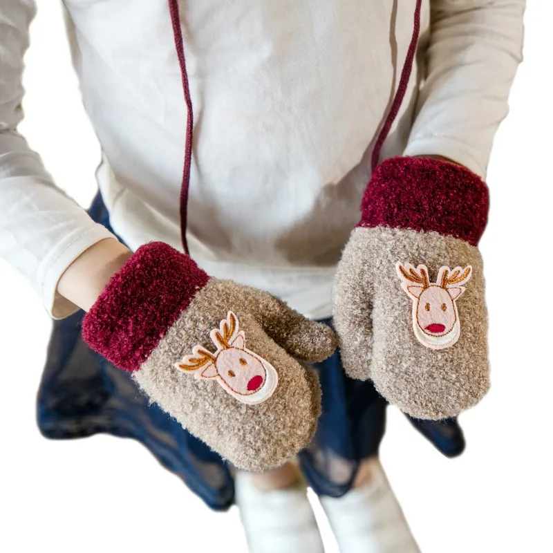 Осенне-зимние детские теплые перчатки для мальчиков и девочек, мягкие митенки со снежинками в полоску, детские перчатки, аксессуары - Цвет: Шампанское