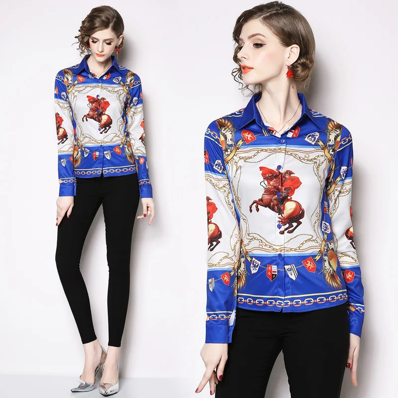 

Women Spring 2019 Runway Elegant Shirt Fashion New Blue Cartoon Horse Print Long Sleeve Blouses OL Shirt Female Slim Party Tops