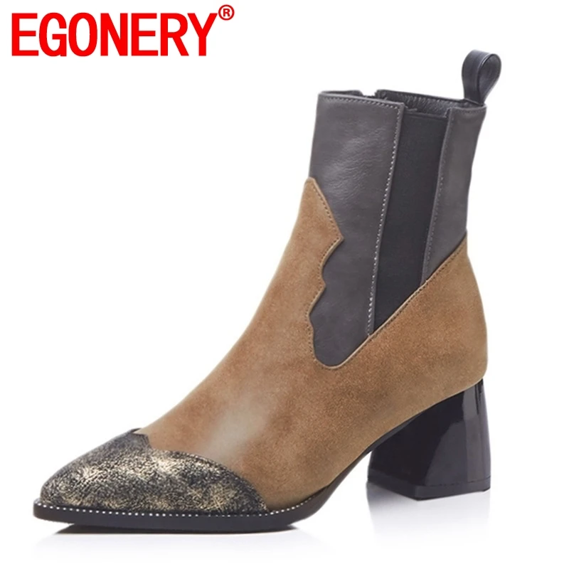 

EGONERY 2019 newest mixed colors pu pointed toe zipper high square heel big size black and brown fashion sexy party ankle boots