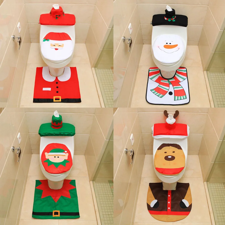 

Toilet Foot Pad Seat Cover Cap Christmas Decorations Happy Santa Toilet Seat Cover and Rug Bathroom Accessory Santa Claus 1Set
