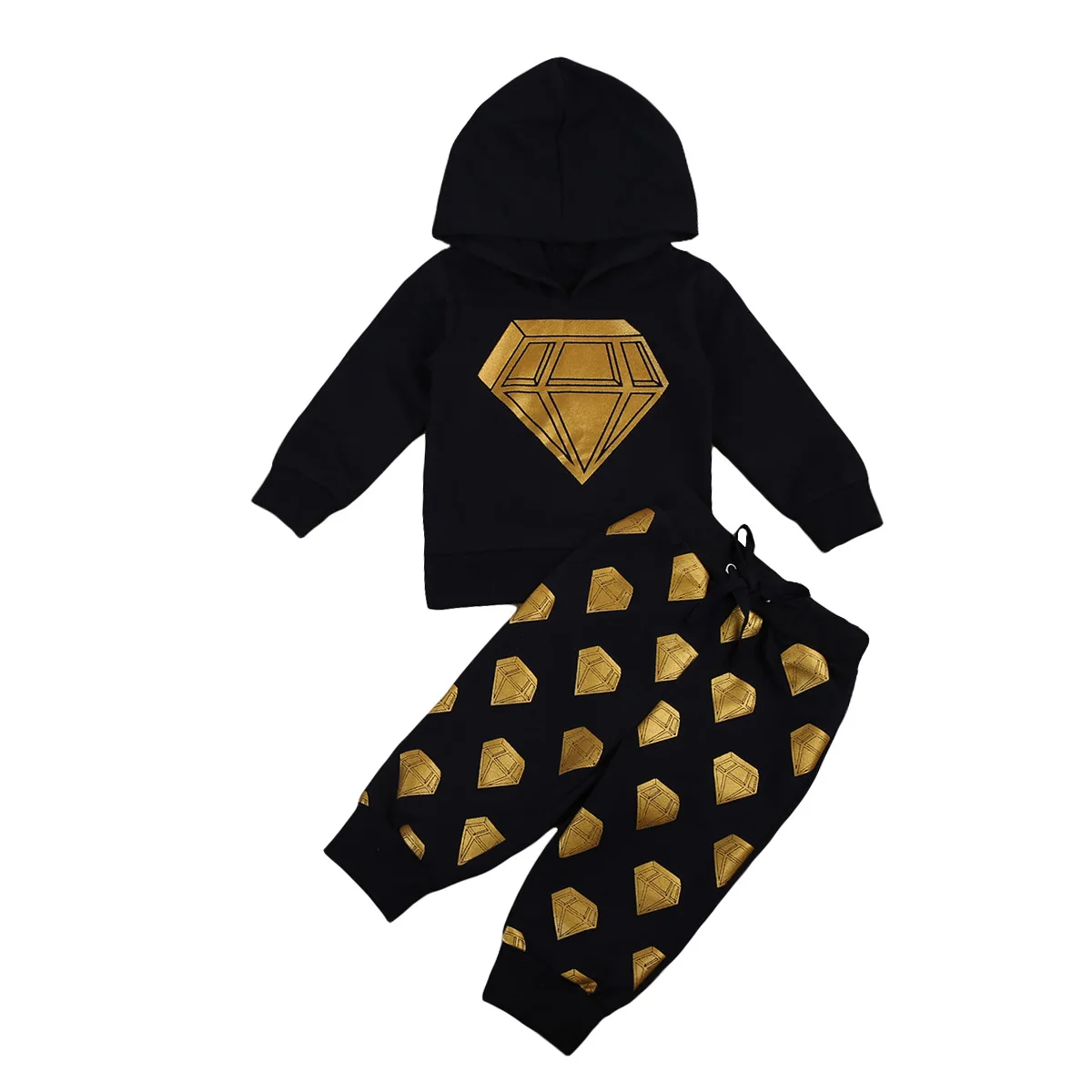 Осенняя одежда для малышей Одежда для мальчиков и девочек с длинным рукавом Золото Алмаз капюшоном Топы корректирующие штаны 2 шт. теплый