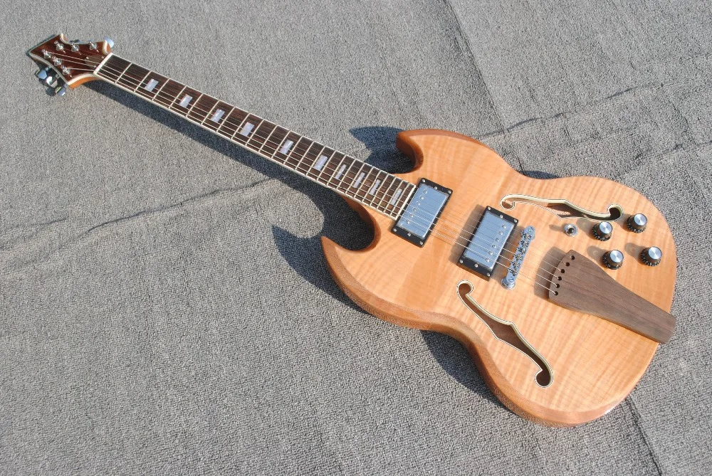 

High quality custom 6 string electric guitar, flame maple veneer, wood color body, double F hole half hollow body, rosewood cabl