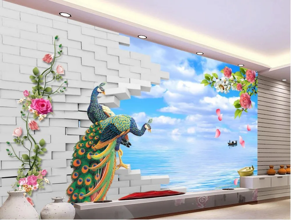 

3D brick wall backdrop painting Peacock seaside scenery Landscape wallpaper murals papel parede mural wallpaper