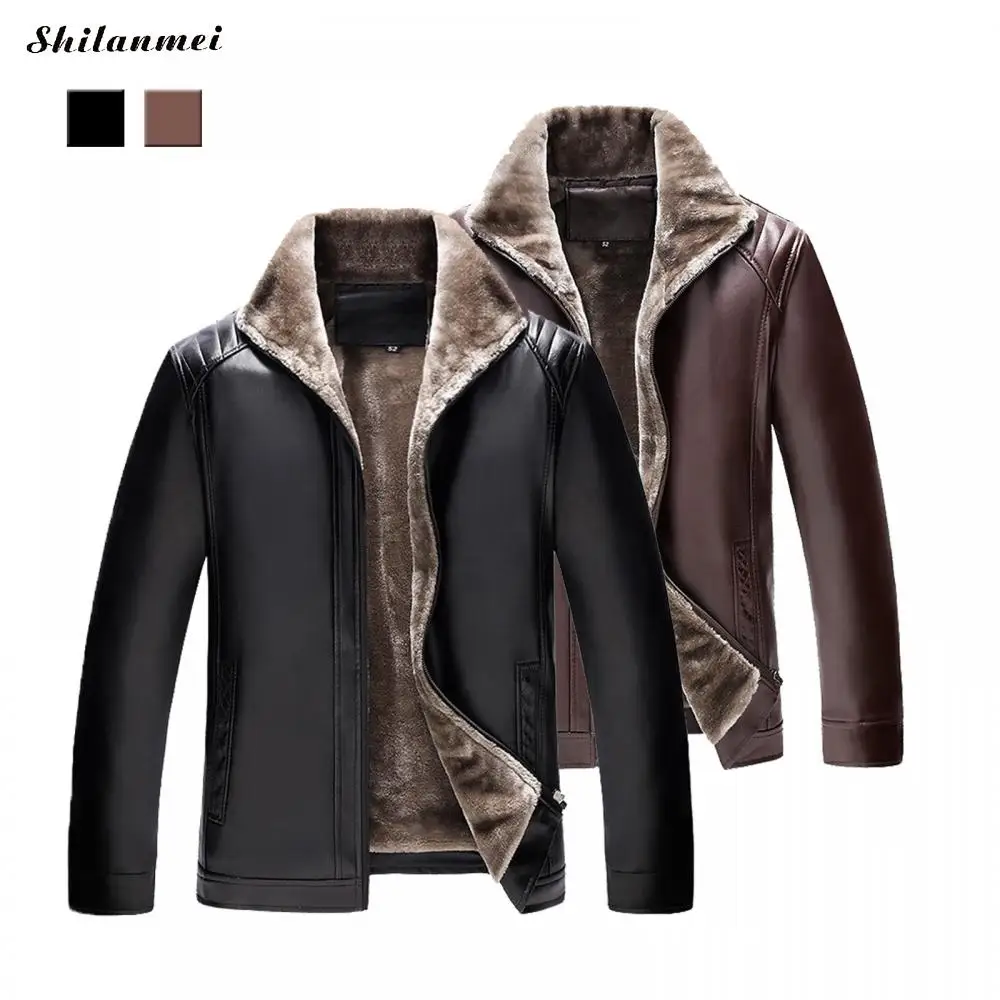 Winter Men Leather Jacket Mens Coats Fleece Fur Inside Thick Male