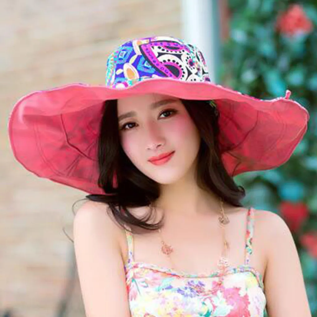 

Women 2019 Sun Hats Women Print Two-Side Big Brim Straw Hat Sun Floppy Wide Brim Hats Beach Cap Jan9