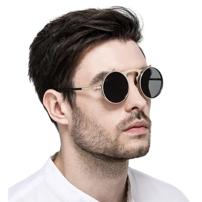 

KUJUNY Retro Metal Punk Steam Flip Sunglasses Round Designer Mirror Frames Sun Glasses Vintage Men Women's Steampunk Eyewears