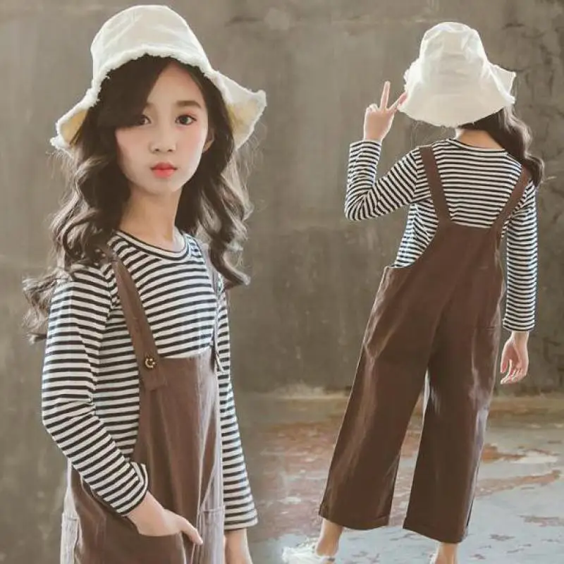 

2018 Autumn Baby Girls Clothes Sets 2 Pcs Kids Suits Infant Children Clothing Set Striped T-shirts Tops + Jumpsuits 10 12 Years