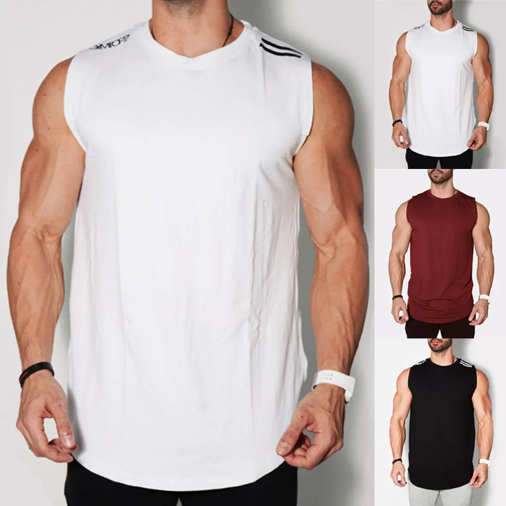 

Gym Clothing Bodybuilding Men's Spring Summer And Autumn Features Round Collar Slim Elastic Vest Pullover debardeur homme