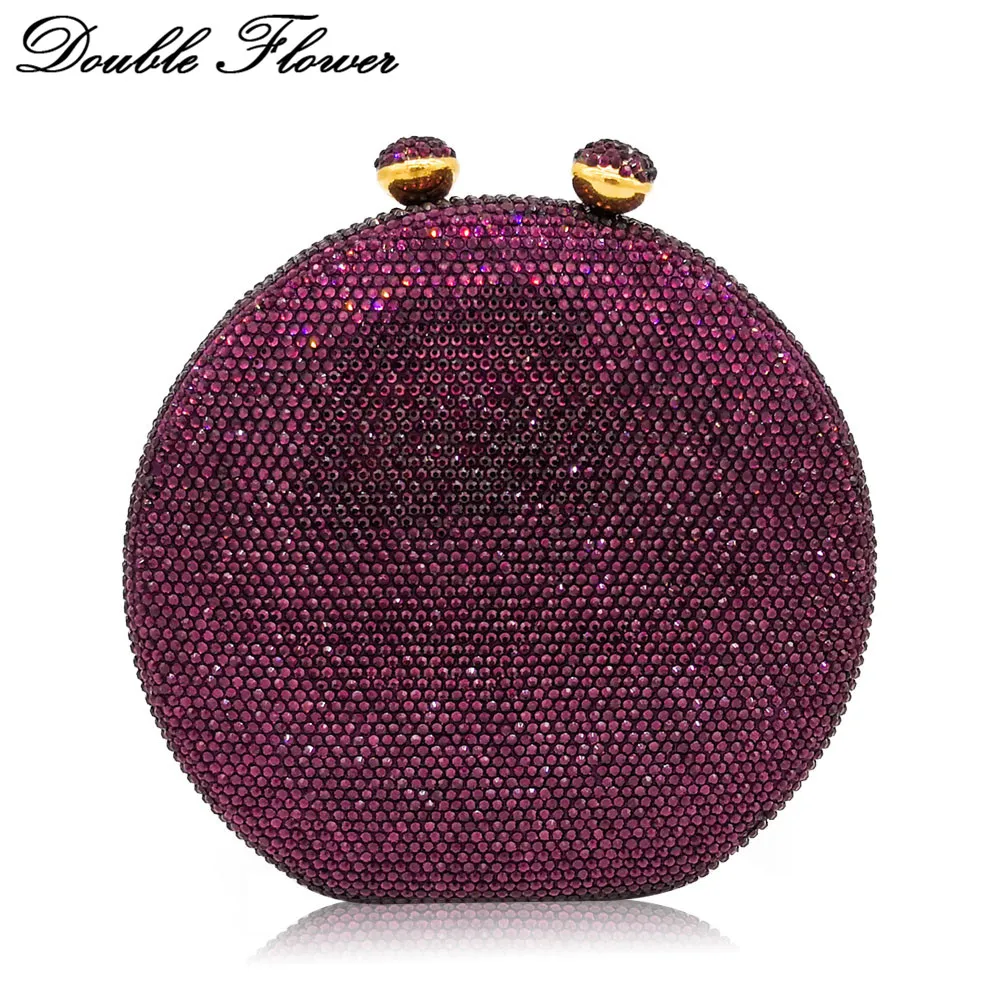 Double Flower Kiss Clasp Round Circular Women Purple Crystal Clutch Evening Handbags Hard Case Wedding Cocktail Diamond Bag