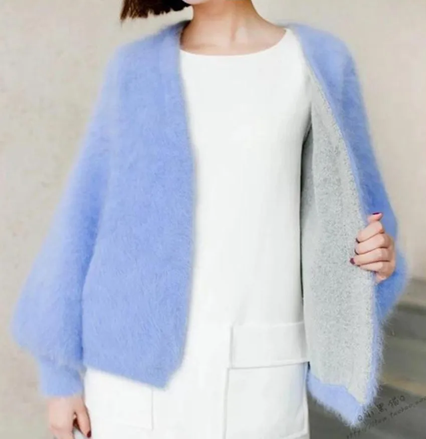 JSXDHK зимний женский норковый кашемировый теплый мягкий кардиган модный синий открытый стежок рукав-фонарик шерстяное свободное плотное вязаное пальто