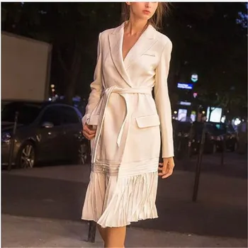

2018 Women's Blazers Lace Up Tunic Cardigan Overcoat Pleated Pocket White Long Big Size Windbreaker Fashion Clothes