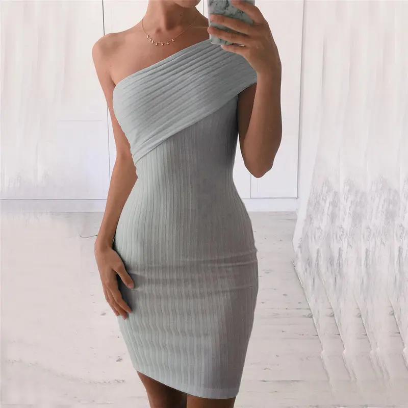 

2017 autumn One Shoulder Dresses knitted Summer Sexy Vintage Women Party clothes noodle Midi Dress Vestido Curto