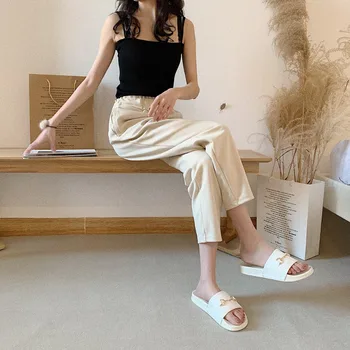 

Summer Europe and America retro horse buckle one word buckle flat bottom wear slippers wild cool drag women