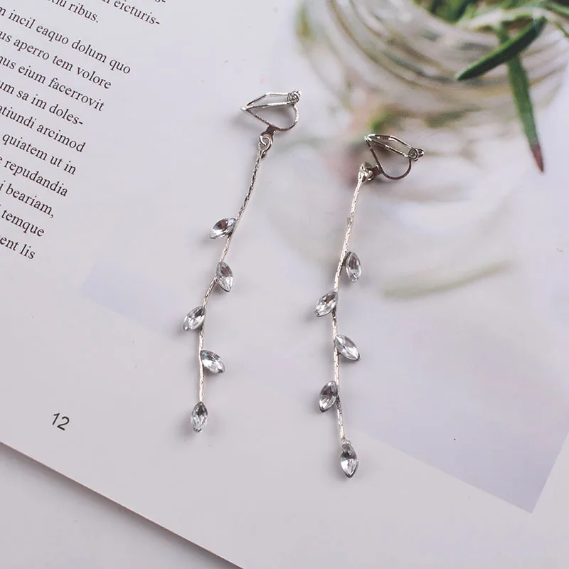 Ear clip earrings charm long crystal rhinestone statement clip on for girls wedding