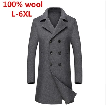 

2018 100% wool New Woolen jacket and coat men Casual windbreaker fashion solid long Double-breasted gray coats plus size L-6XL