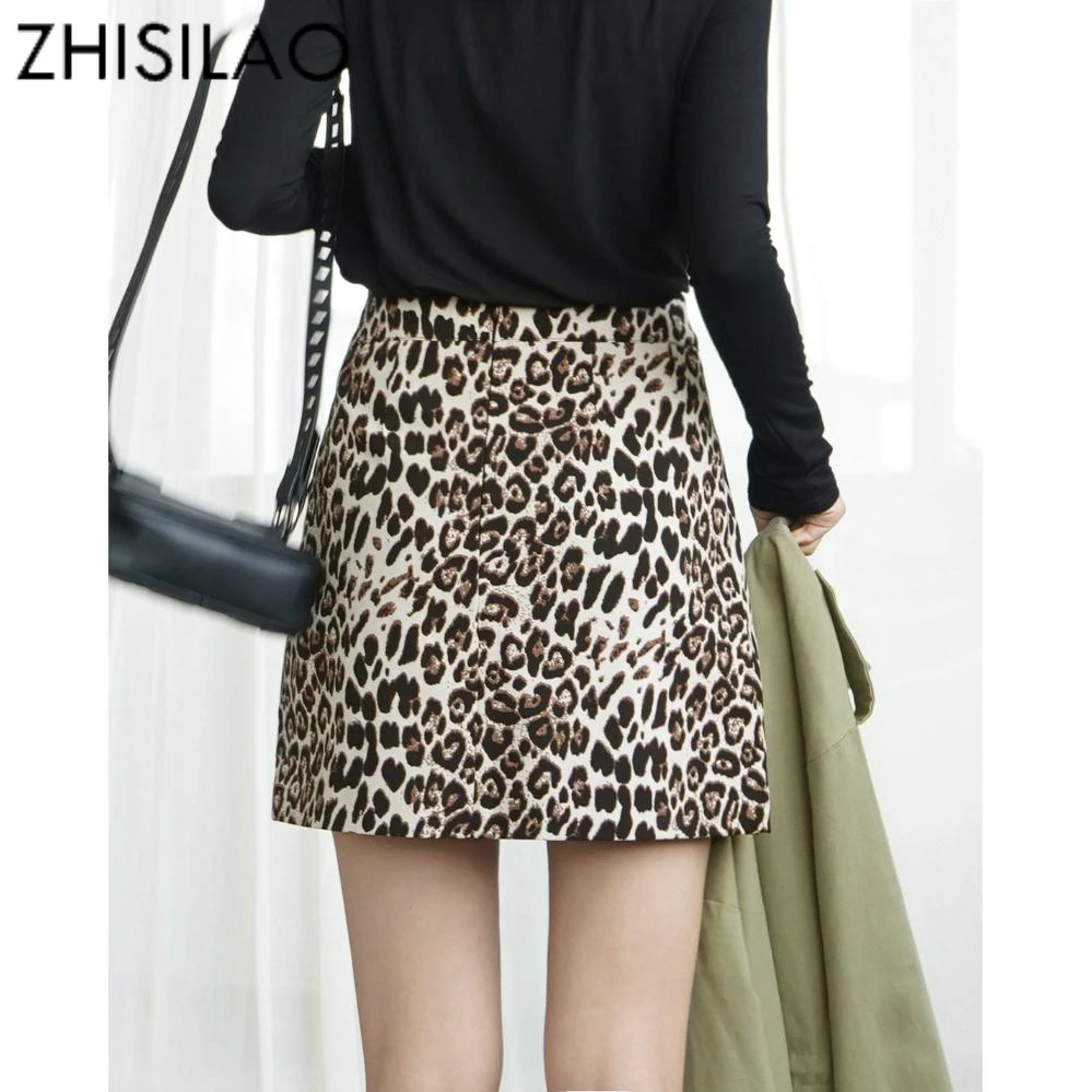 

ZHISILAO Autumn Winter Women Skirts Leopard Print Thick Chiffon Mini Pencil Skirt Bodycon Sexy High Waist Jupe Vintage Skirts