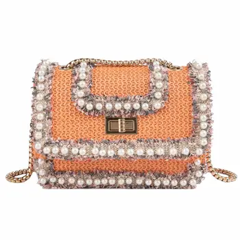 

2019Hand-woven Candy Color Women Straw pearl Bag Ladies Small Shoulder Bags Bohemia Beach Bag Crossbody Bags Travel Handbag Tote