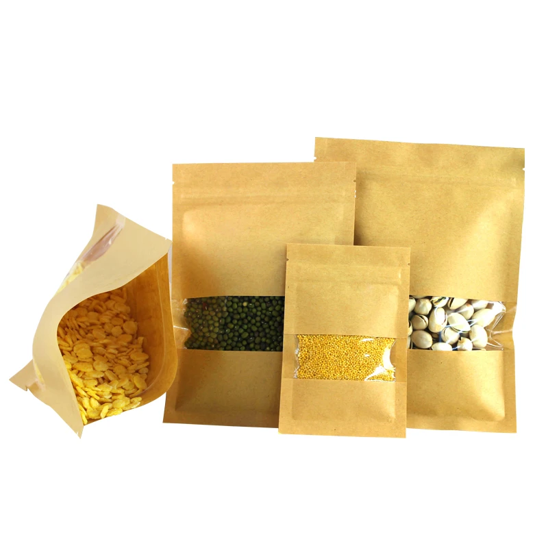 

100 Pcs Kraft Paper Food Bag with Zip Lock, Reusable Sealing Bag Pouch with Clear Window for Storing Cookie Dried Food Snack