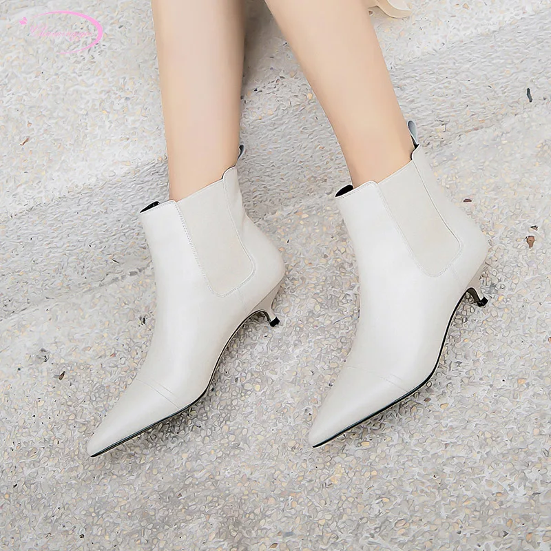 

South Korean casual style sexy pointed toe leather ankle boots stretch black beige medium with stiletto riding boots women shoes