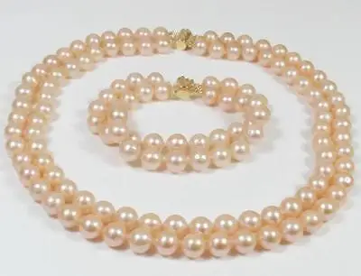 

Free Shipping >> 2 rows 8-9mm AAA beautiful south sea pink pearl necklace bracelet 18-19"7.5-8 14