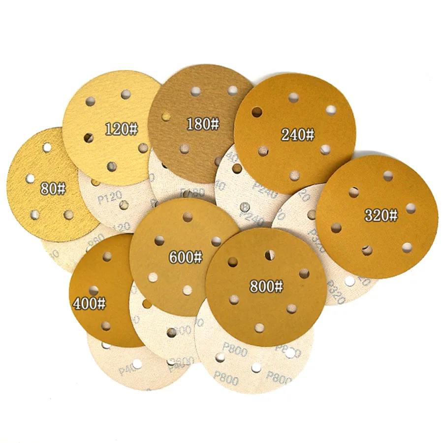 5-100 шт Флокирование желтый наждачная бумага диск 5 дюймов 6 отверстий самоклеющиеся для полировальные абразивные инструменты