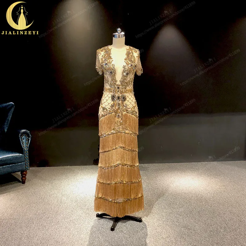 

JIALINZEYI Real Sample Gold Crystal Beads Champagne Short Sleeves Taseles Ankle Length Dress for Party Evening Dresses