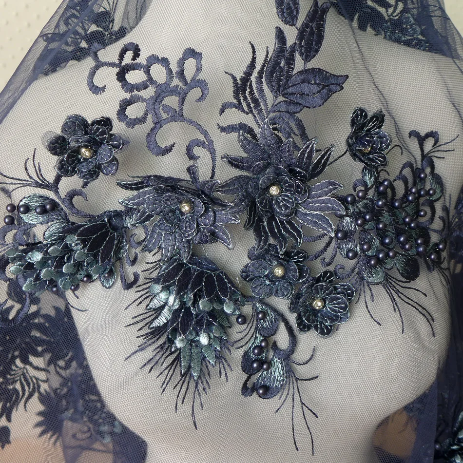 

One Piece/One Pair 30*21cm Exquisite 3D Blossom Beaded Pearl Mesh Lace Applique With Rhinestone Lace Sewing Trims