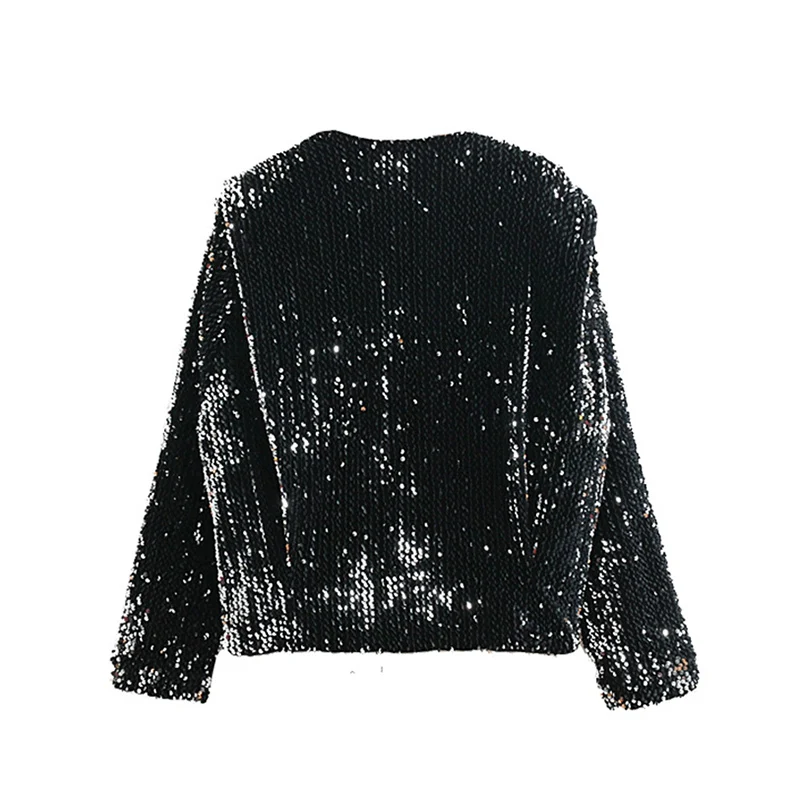 Greatest Vintage Pockets Sequined Jacket Coat Women 2020 Fashion V Neck Long Sleeve Zipper Ladies Outerwear